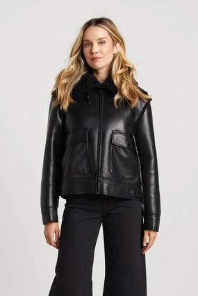 Non Restrictive Movement Cut Non Bulky Insulation Parker Bonded Vegan Leather Aviator Jacket With Collar Snap Closure - Black