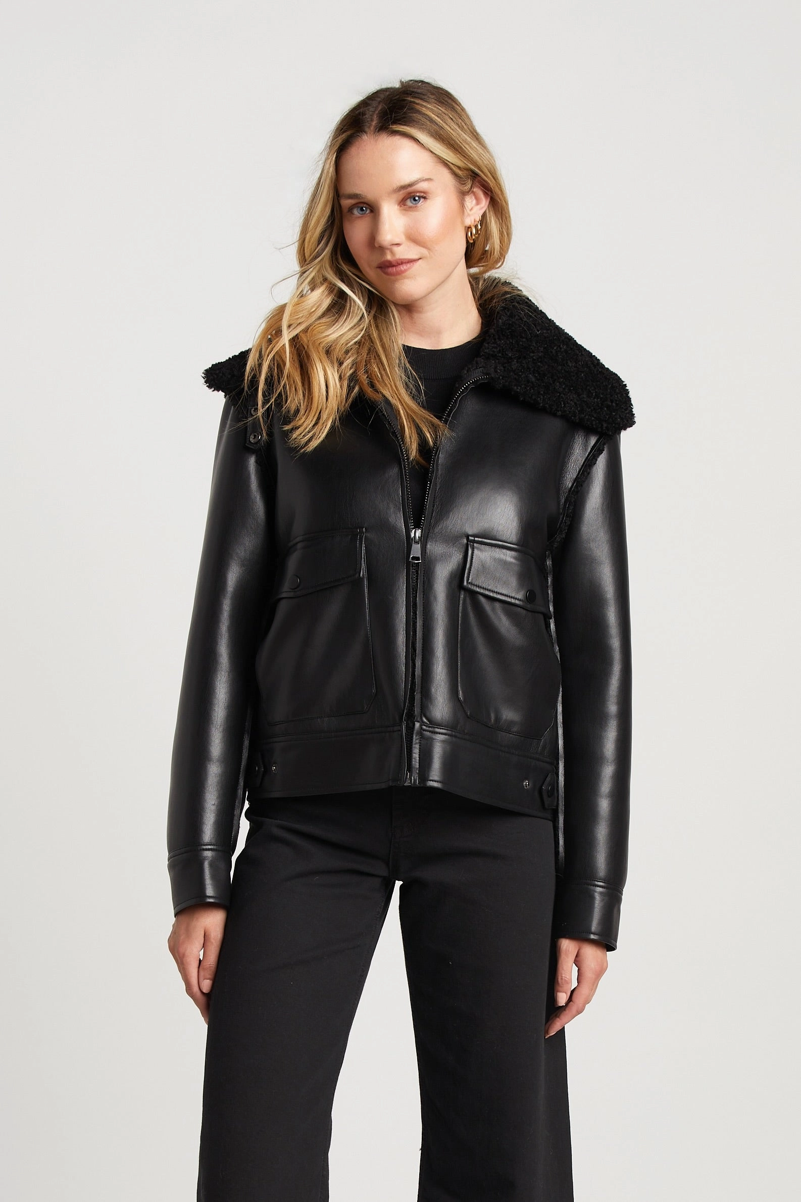 Packable Feature Parker Bonded Vegan Leather Aviator Jacket With Collar Snap Closure - Black