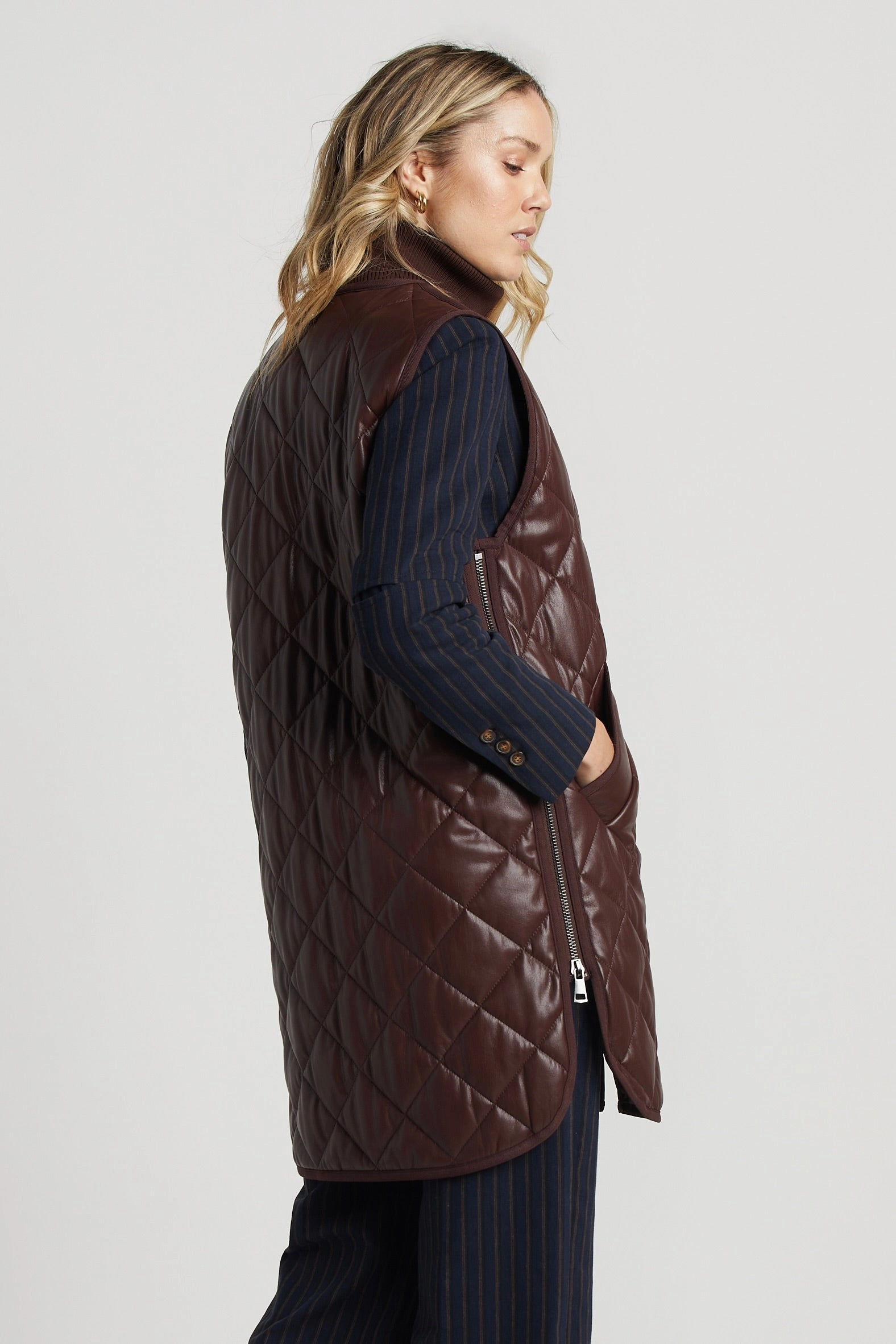 Destiny Sleeveless Quilted Vest With Side Zipper Detail - Chocolate Soft touch finish
