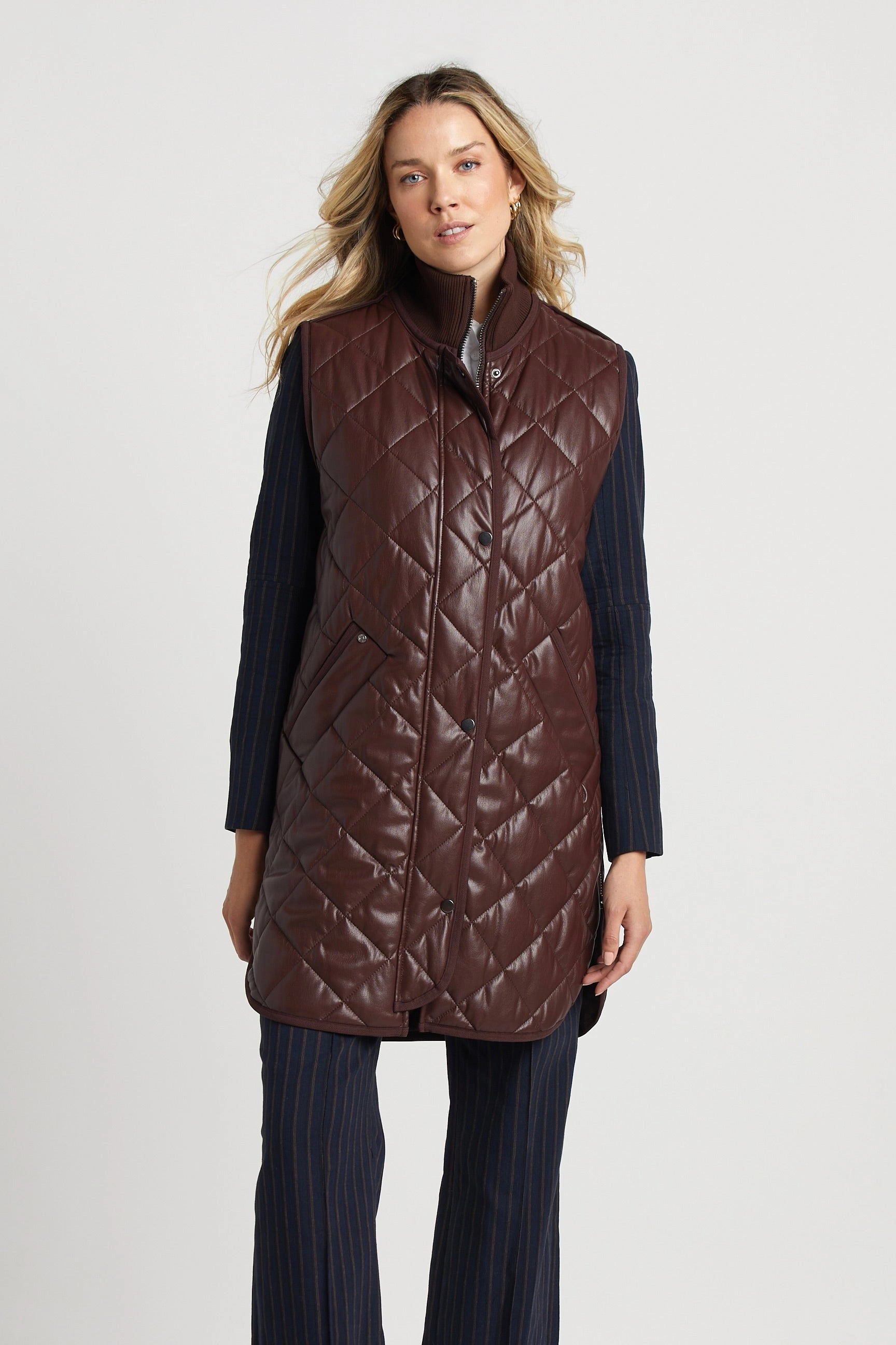 Destiny Sleeveless Quilted Vest With Side Zipper Detail - Chocolate Transitional Look