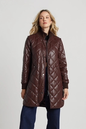 Liberty Quilted Full Zip Vegan Leather Coat With Side Zipper - Chocolate WindproofDesign
