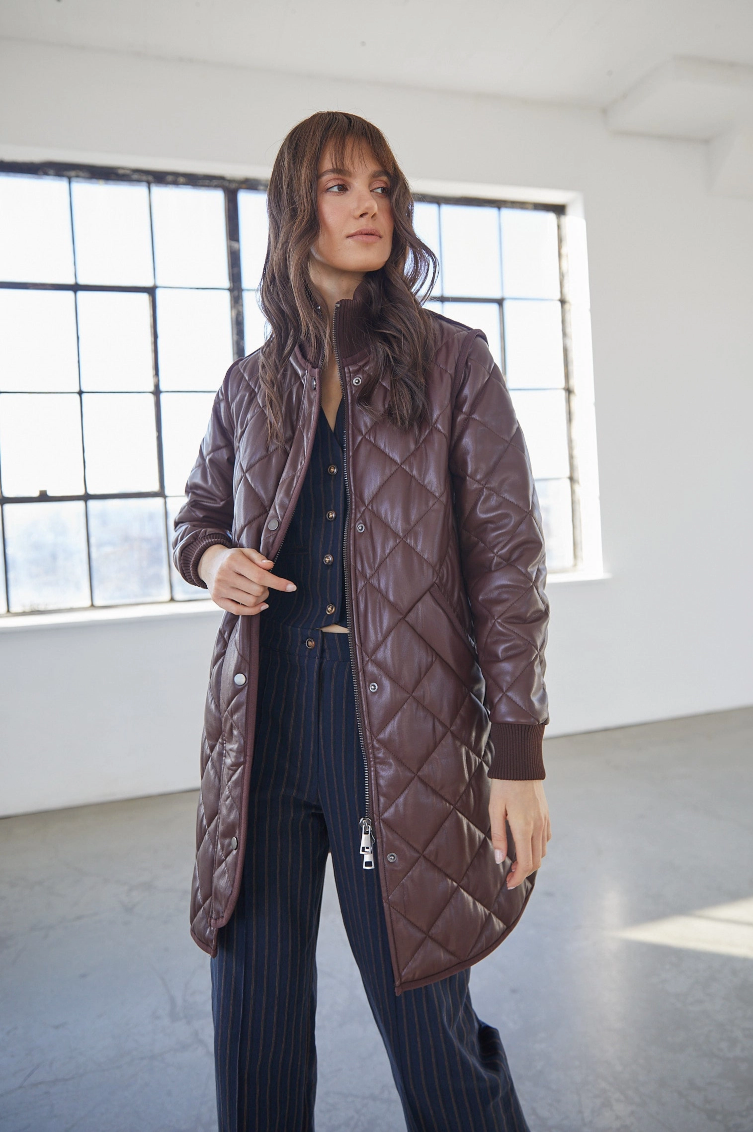 Liberty Quilted Full Zip Vegan Leather Coat With Side Zipper - Chocolate Clean Edge Piece