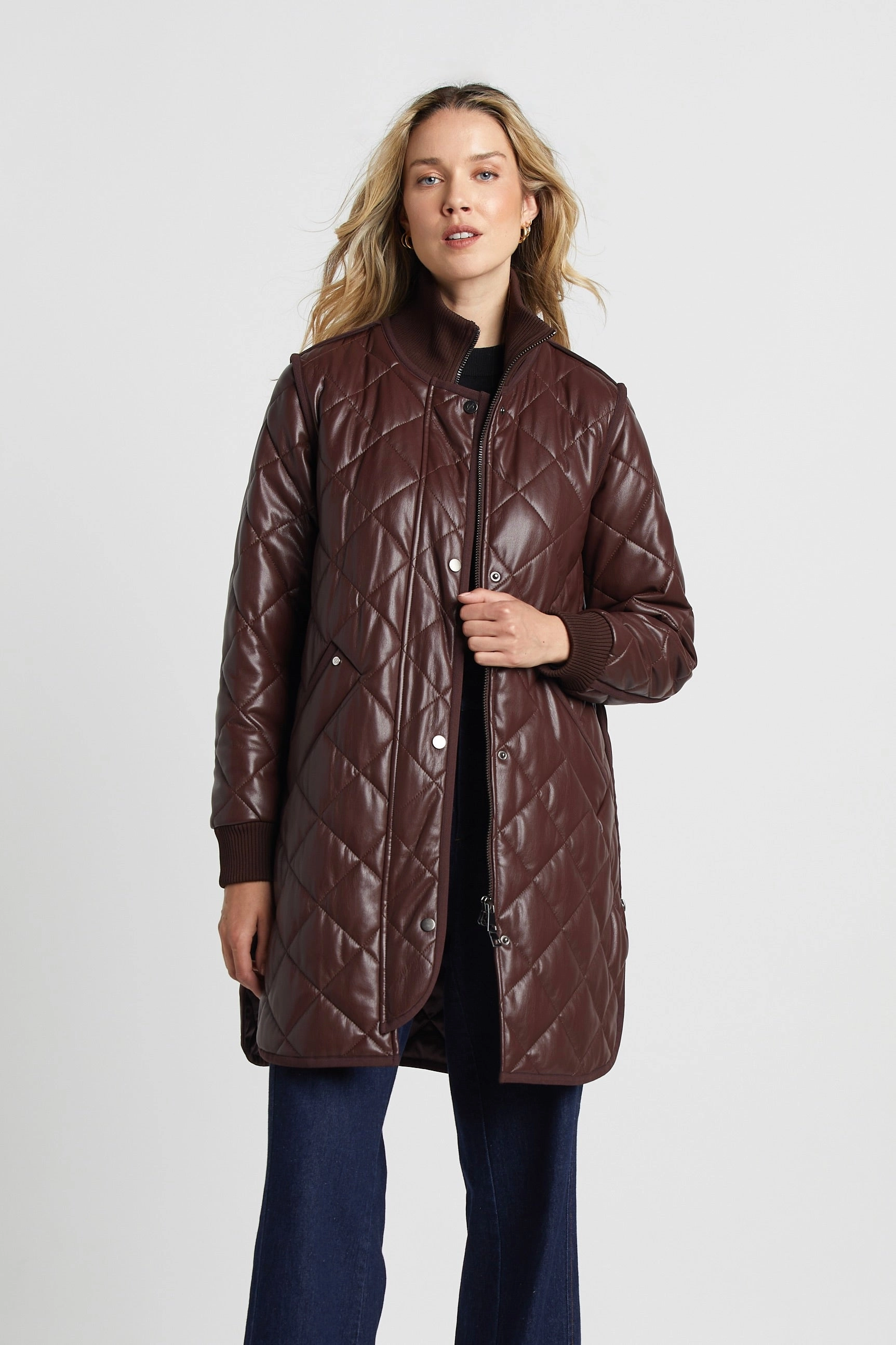 WeatherproofZipper Liberty Quilted Full Zip Vegan Leather Coat With Side Zipper - Chocolate