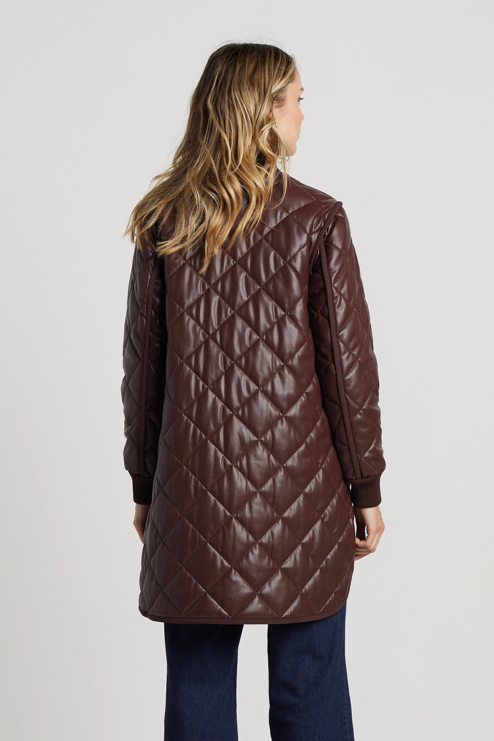 Liberty Quilted Full Zip Vegan Leather Coat With Side Zipper - Chocolate HypoallergenicInnerLayer Wind Chill Protection