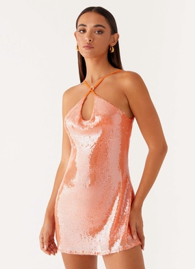 Radiant Energy Cowl Back Mini Dress - Orange Satin Soft Formal Setting
