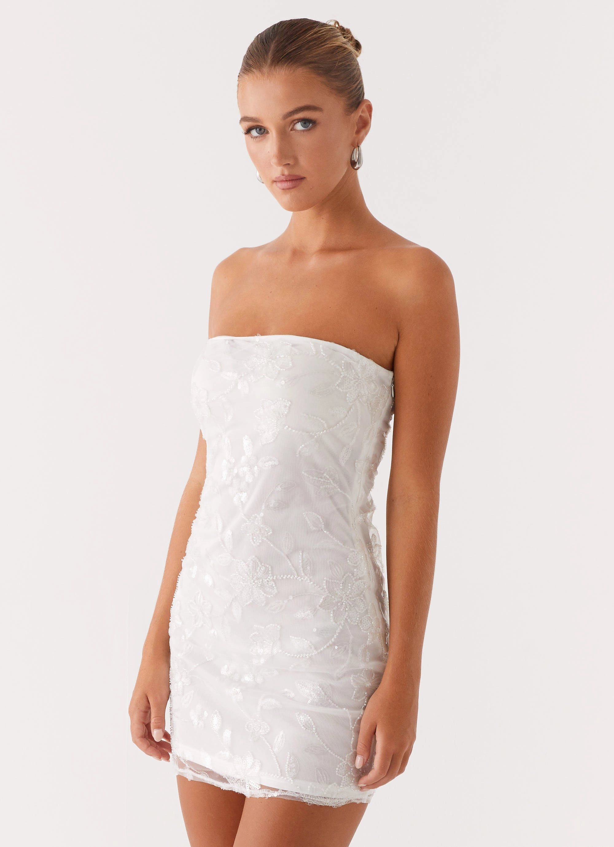 Moorey Beaded Mini Dress - White Silver Light Appeal