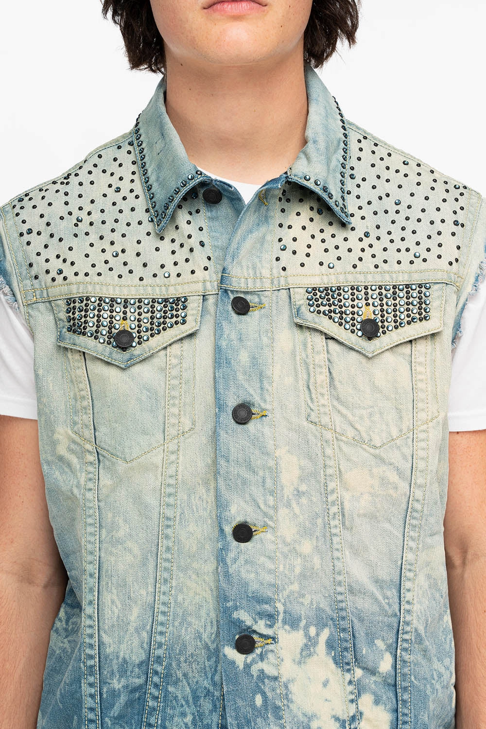 Daywear Staple RAW EDGE VEST IN MEDIUM WASH WITH BLACK CRYSTALS
