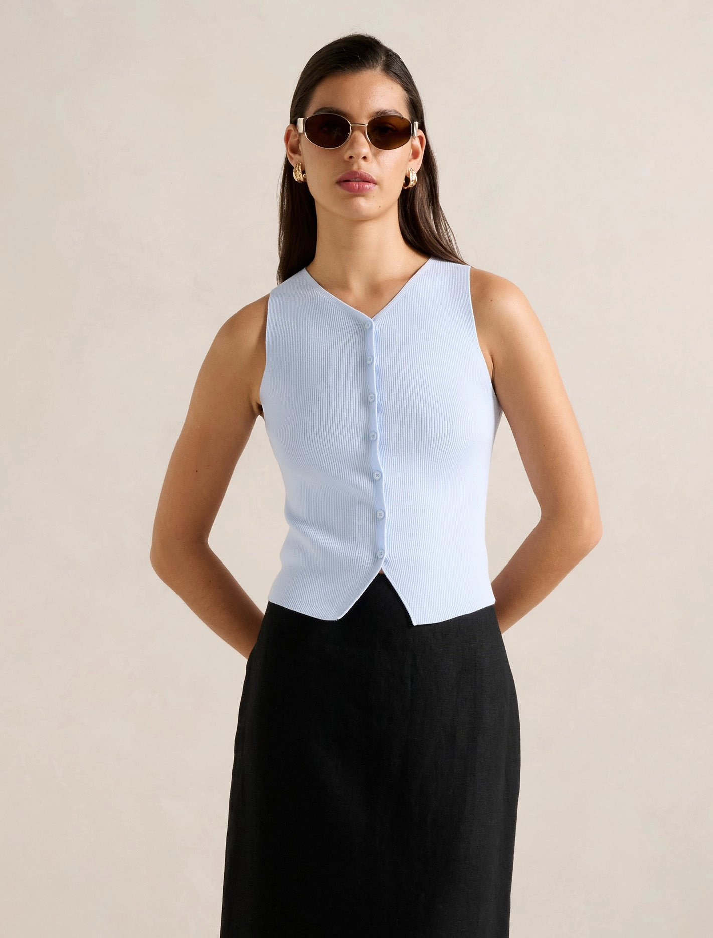 Raya Ribbed Knitted Tank Top Placket Detailing