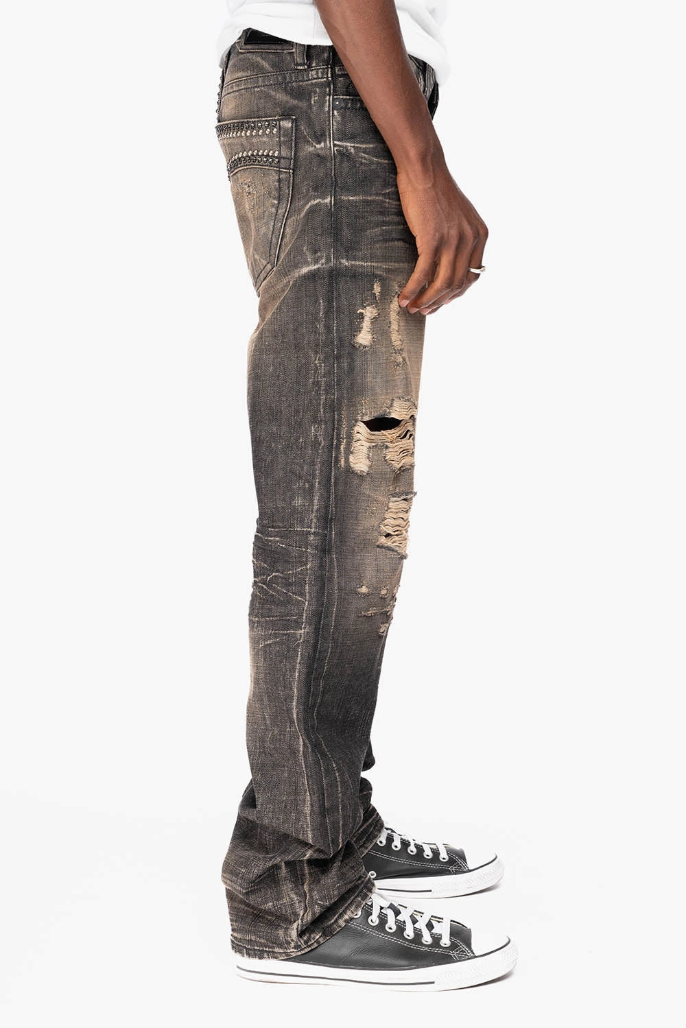 Fit Focus LIMITED EDITION STRAIGHT LEG  JEANS IN CHARCOAL MODOC BROKEN WASH WITH CRYSTALS AND  NAILHEAD