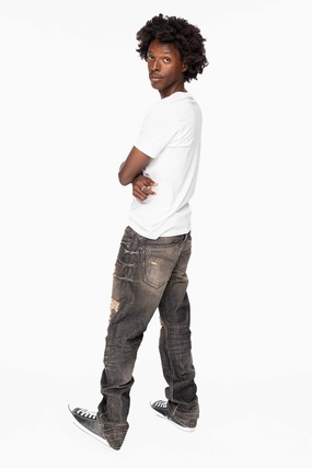 LIMITED EDITION STRAIGHT LEG  JEANS IN CHARCOAL MODOC BROKEN WASH WITH CRYSTALS AND  NAILHEAD Simple Detail Winter Warmth Student Outfit Textured