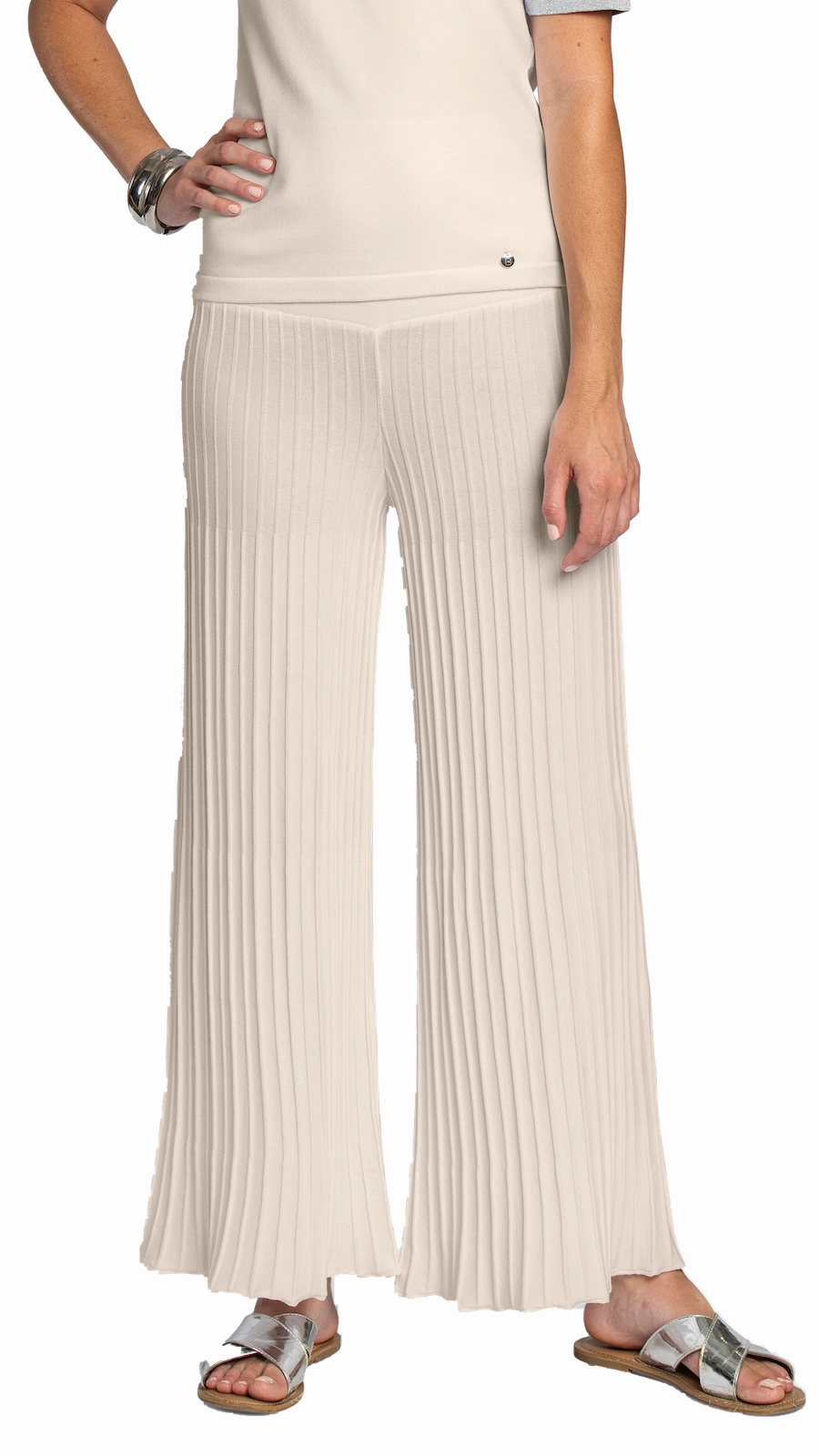 Urban Style Julia Plisse-Look Full Length Wide Leg Pants, Beige