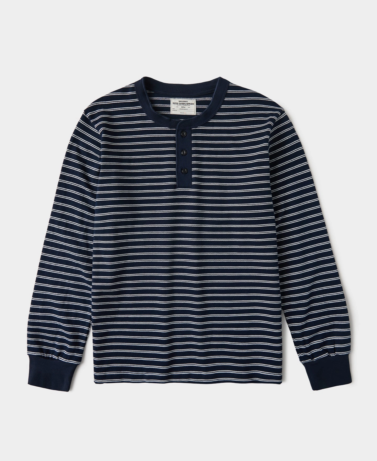 Cozy Wear Design V-Neck Breton Striped Henley Long Sleeve T-Shirt - Navy/White