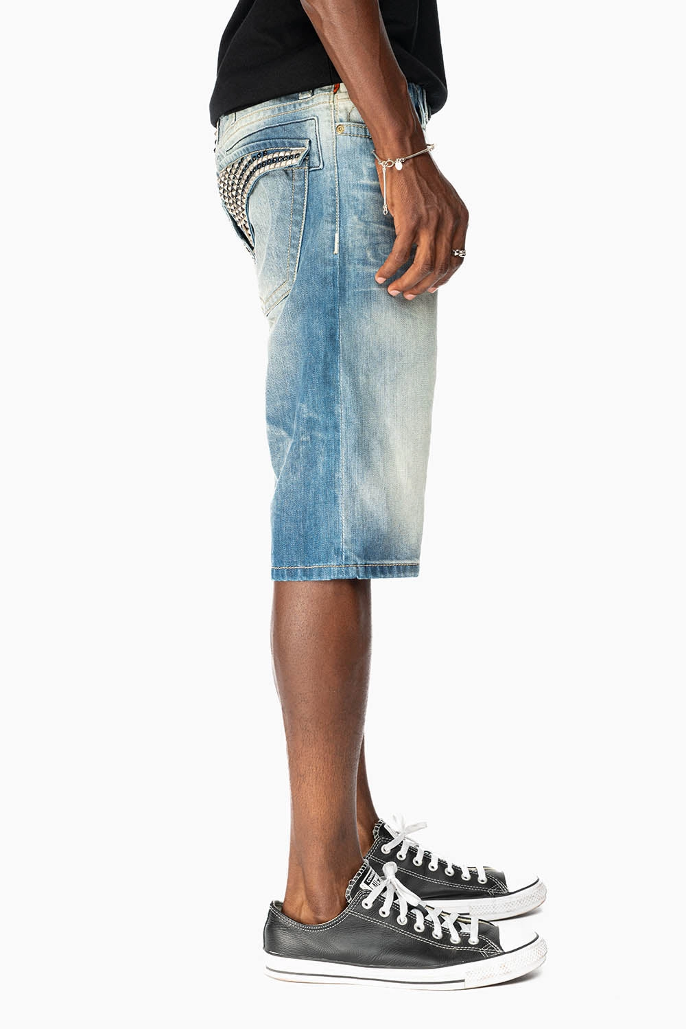 LIMITED EDITION MENS SHORT WITH FLAP POCKETS IN OMAHA MEDIUM WASH WITH CRYSTALS AND  STUDS Travel Light