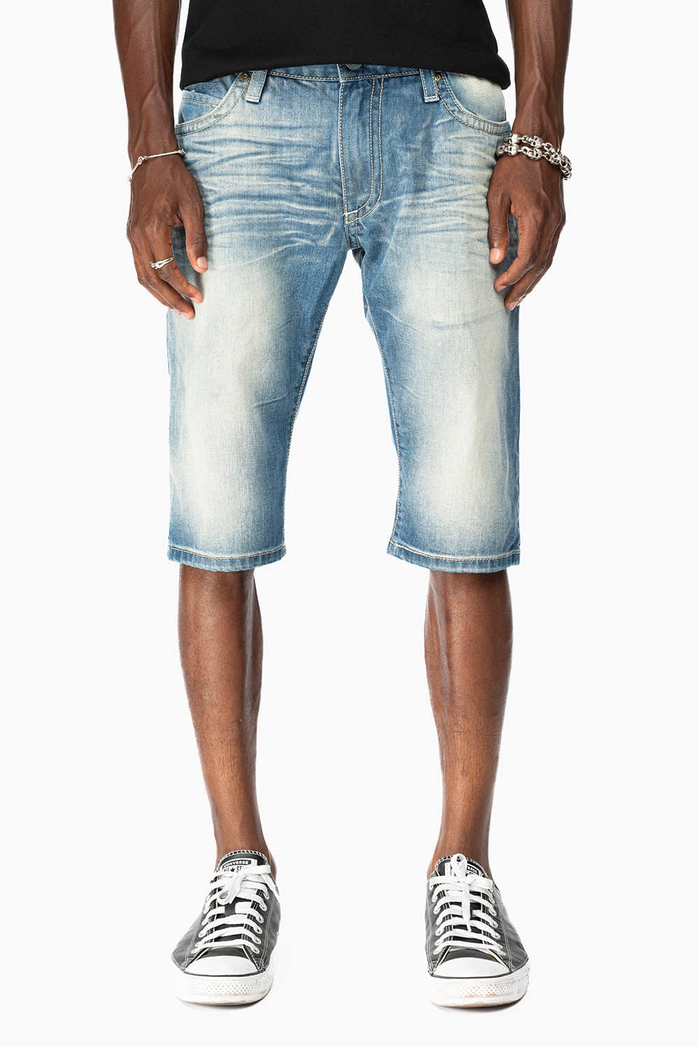 LIMITED EDITION MENS SHORT WITH FLAP POCKETS IN OMAHA MEDIUM WASH WITH CRYSTALS AND  STUDS Artist Vibe Smooth