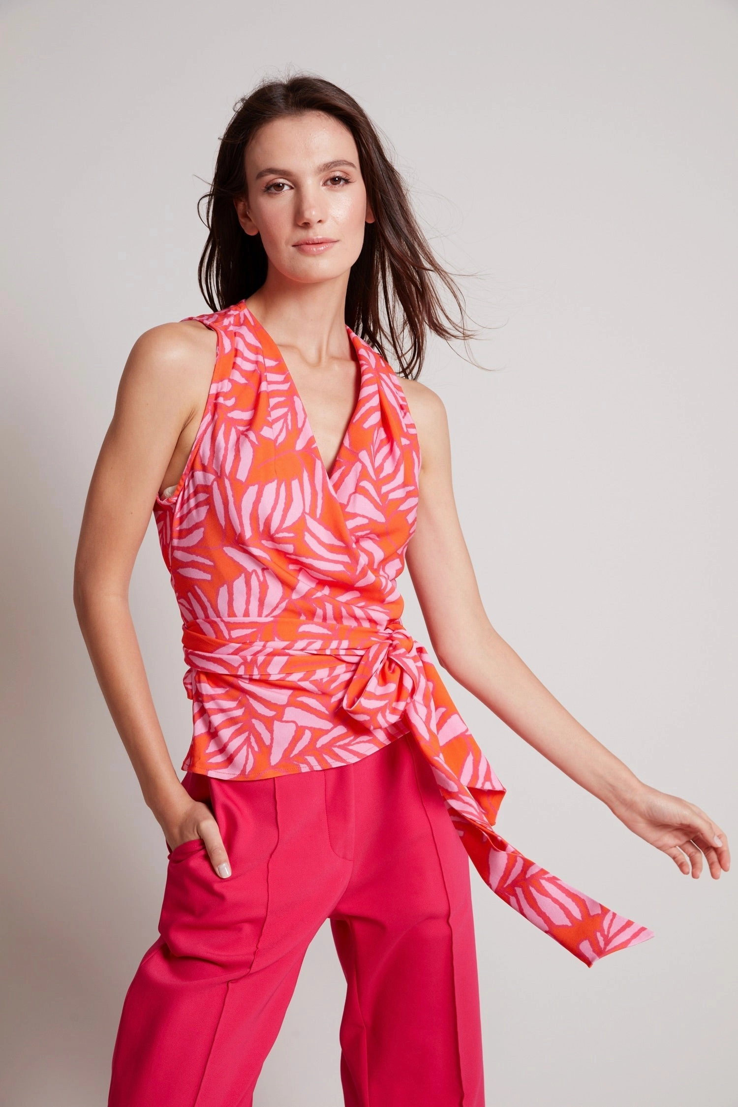 Remi Sleeveless Wrap Top - Tropical Pink/Tangerine high-low hem