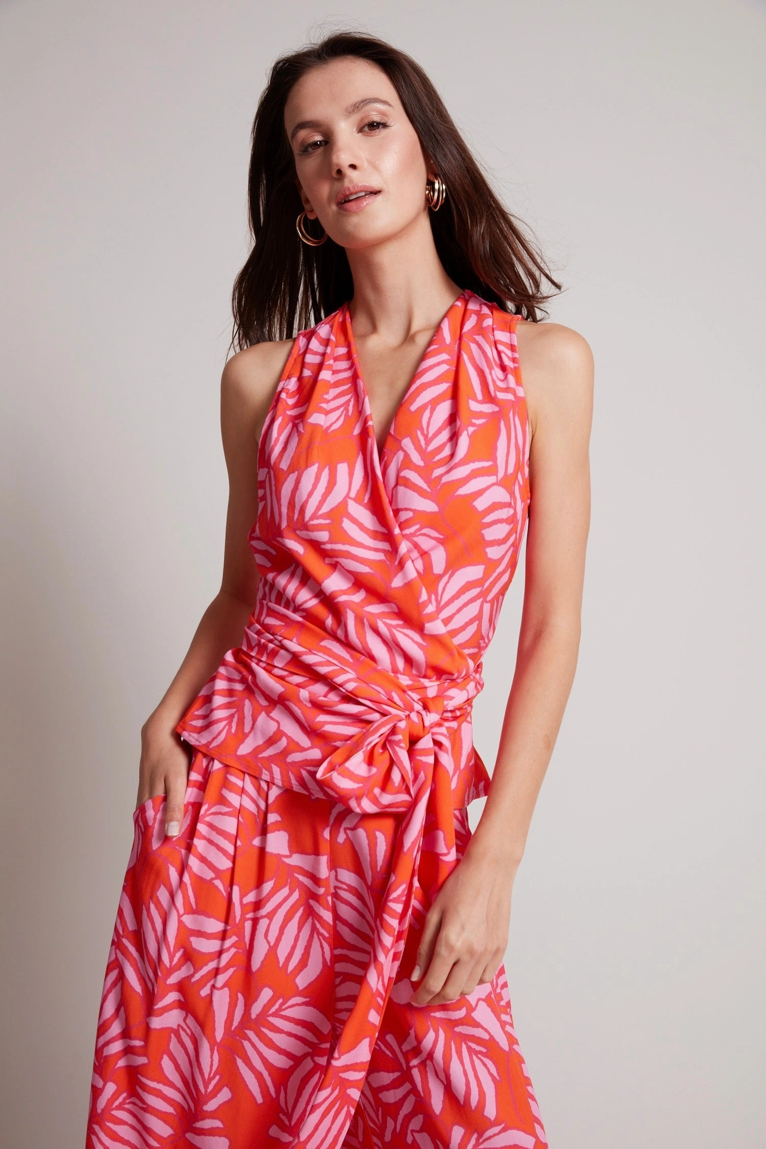 hypoallergenic material Temperature Regulating Remi Sleeveless Wrap Top - Tropical Pink/Tangerine