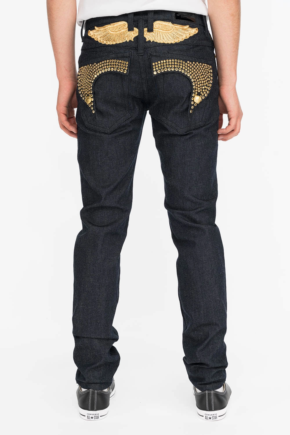Shopping Day Street Fashion Textured Tailored Comfort MENS RAW DENIM SLIM FIT KILLER FLAP JEANS WITH GOLD WINGS AND CRYSTALS