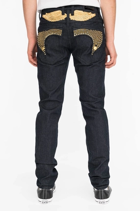 Shopping Day Street Fashion Textured Tailored Comfort MENS RAW DENIM SLIM FIT KILLER FLAP JEANS WITH GOLD WINGS AND CRYSTALS
