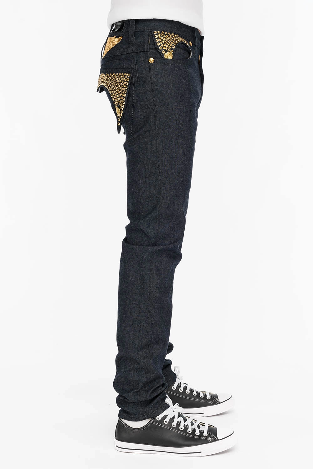 Common look Traveler Gear Sustainable MENS RAW DENIM SLIM FIT KILLER FLAP JEANS WITH GOLD WINGS AND CRYSTALS