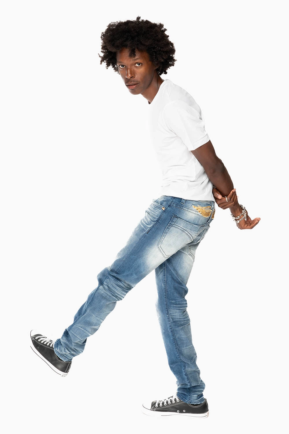 MENS SKINNY JEANS IN OMAHA MEDIUM WASH WITH GOLD WING EMBROIDERY Trend Setter Home Comfort Shrink Resistant Denim