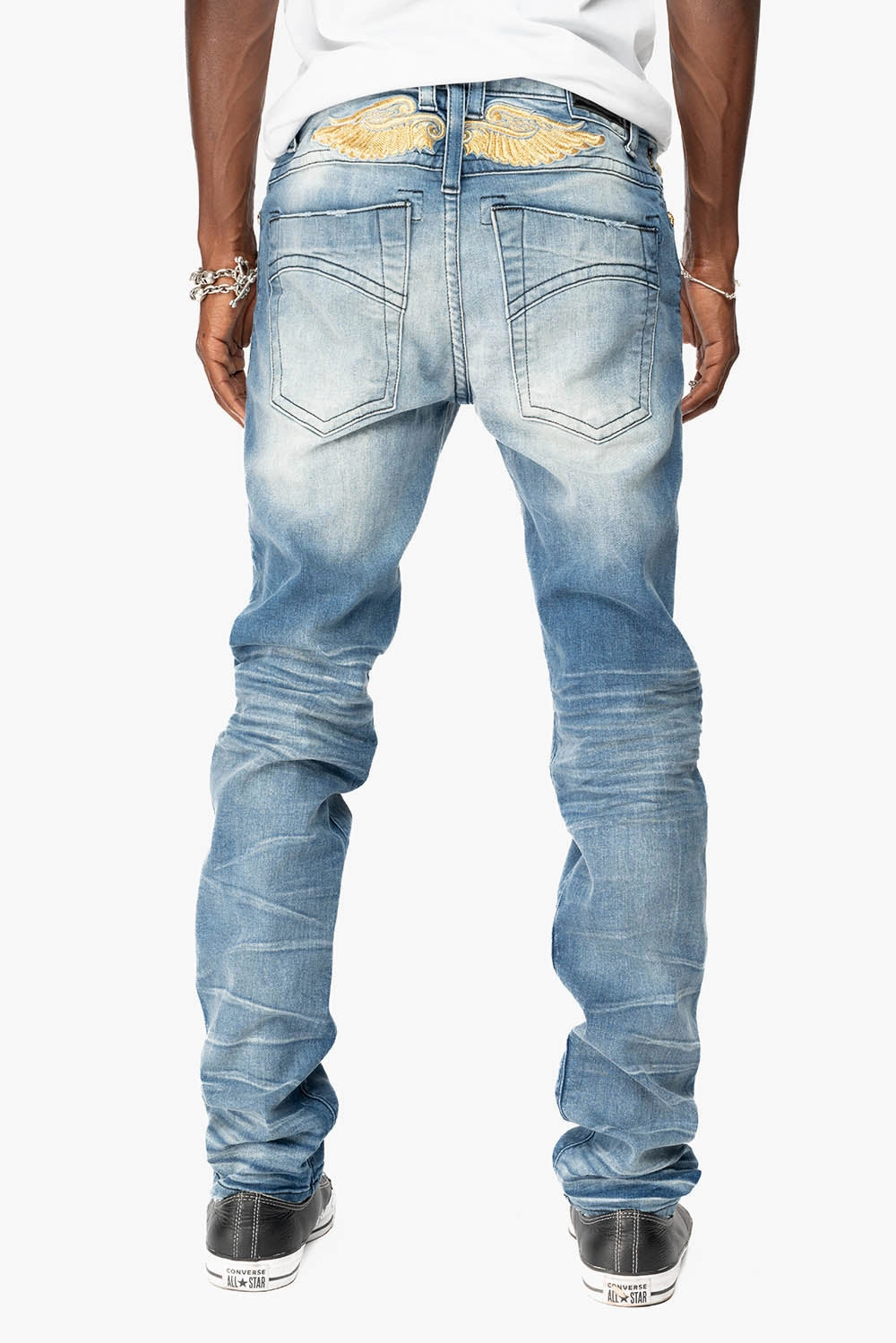 MENS SKINNY JEANS IN OMAHA MEDIUM WASH WITH GOLD WING EMBROIDERY Modern Shopping Day Fitted Design