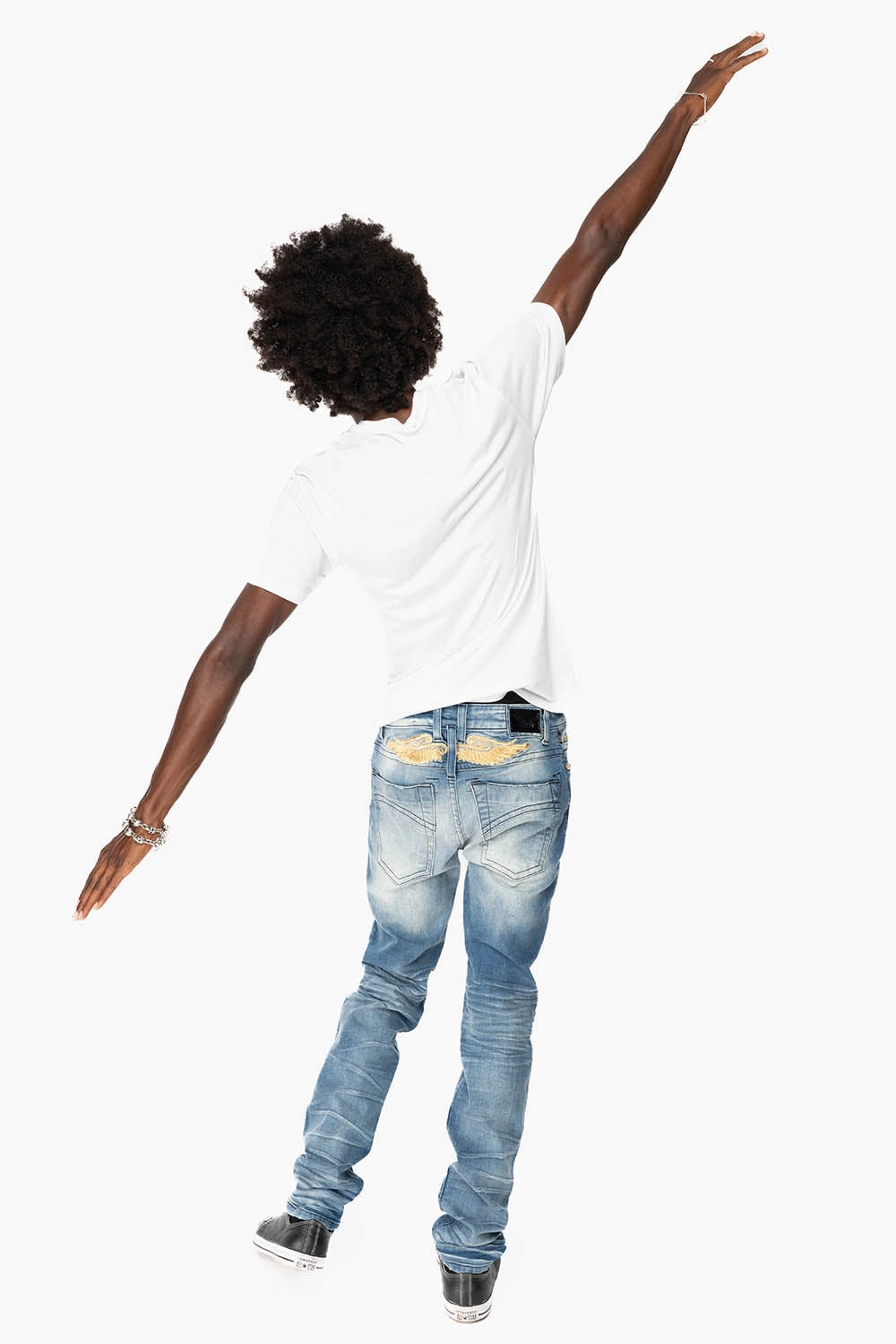 Work Friendly Distressed Details MENS SKINNY JEANS IN OMAHA MEDIUM WASH WITH GOLD WING EMBROIDERY