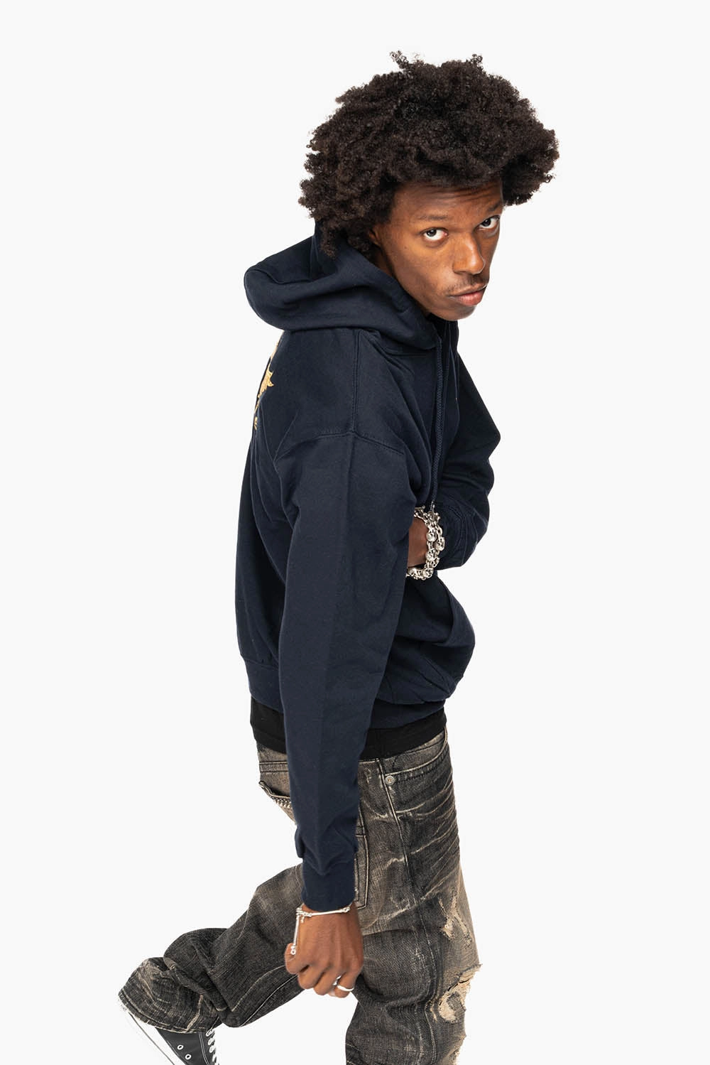 ROBIN??S JEAN PULLOVER HOODIE IN NAVY WITH GOLD WINGS EMBROIDERY product bead charm Timeless Minimal