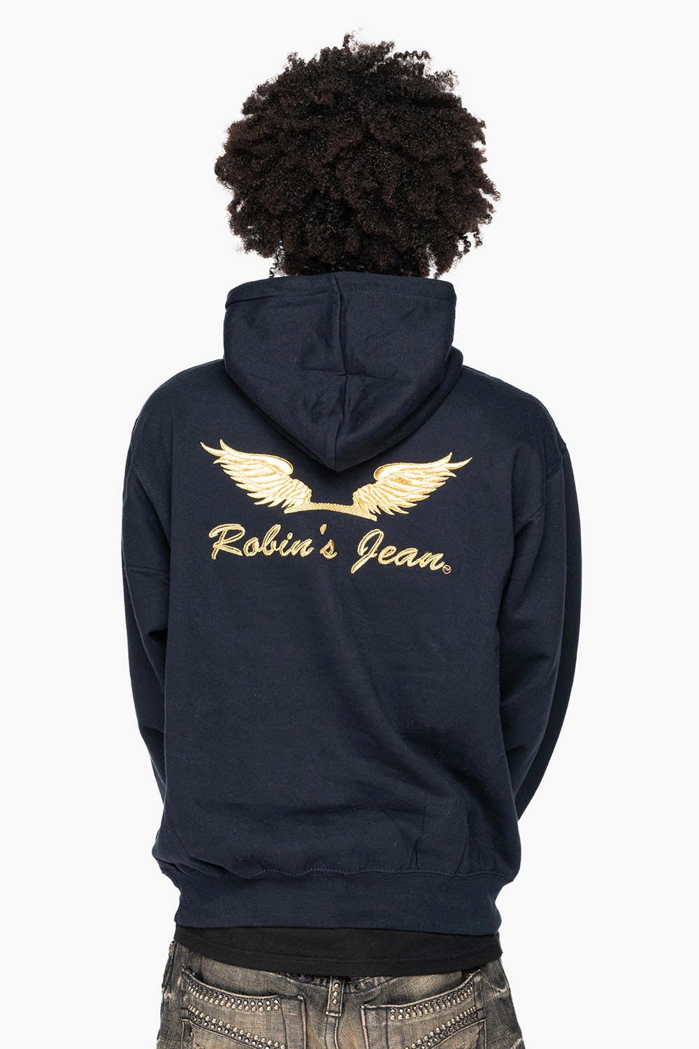 Comfort Piece Simple Comfort ROBIN??S JEAN PULLOVER HOODIE IN NAVY WITH GOLD WINGS EMBROIDERY