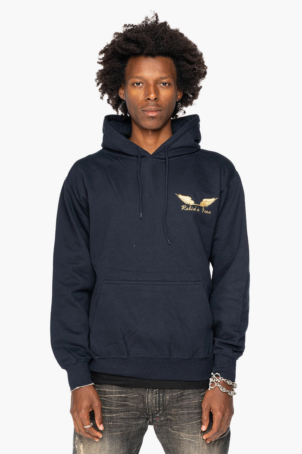 ROBIN??S JEAN PULLOVER HOODIE IN NAVY WITH GOLD WINGS EMBROIDERY product formal casual harmony product gift worthiness