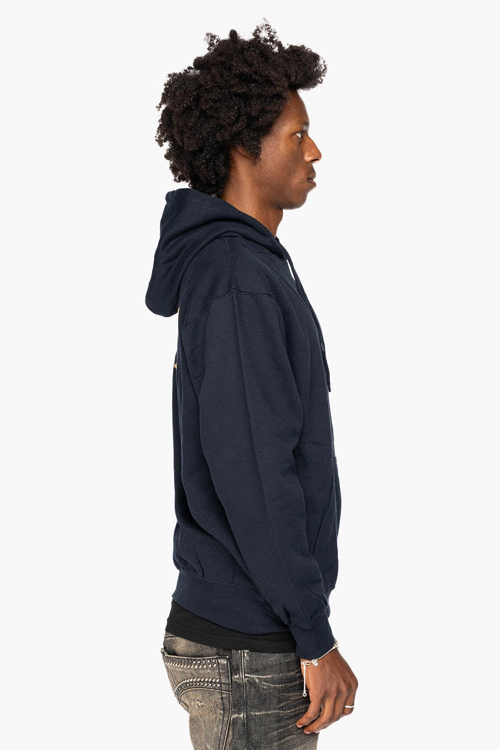 Warm in winter Fashion Basic ROBIN??S JEAN PULLOVER HOODIE IN NAVY WITH GOLD WINGS EMBROIDERY