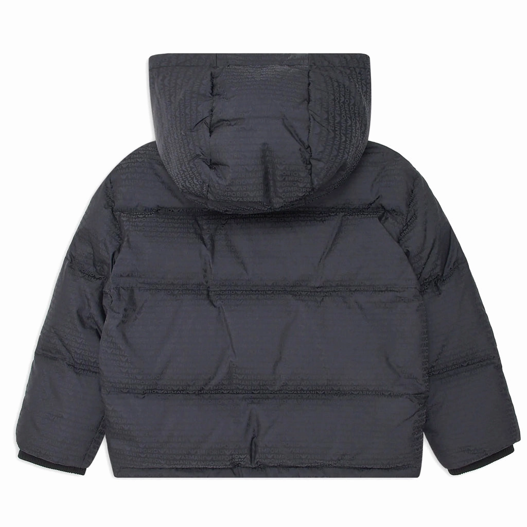 Emporio Armani Junior Asv Nylon Puffer Jacket With Logo Lettering, Hood And Recycled Down EcoFriendlyInsulation