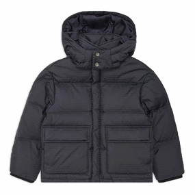 Asymmetric Hemline Emporio Armani Junior Asv Nylon Puffer Jacket With Logo Lettering, Hood And Recycled Down