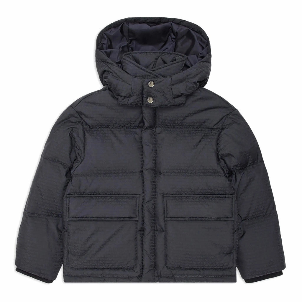 Moisture Managing Liner Emporio Armani Junior Asv Nylon Puffer Jacket With Logo Lettering, Hood And Recycled Down