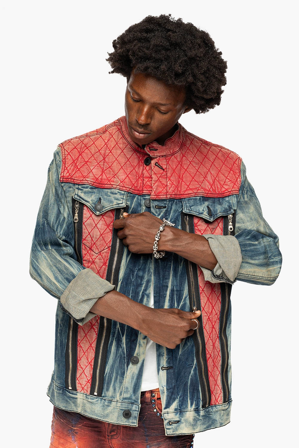 Adjustable Hood Feature ROBIN??S DENIM JACKET WITH ZIPPER AND RED PADDED INSERT