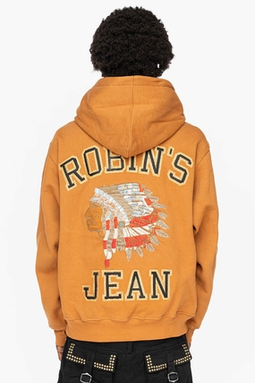 ROBIN??S HEAVY WEIGHT NATIVE AMERICAN CHIEF PULLOVER HOODIE IN CARAMEL wrinkle free watch accents