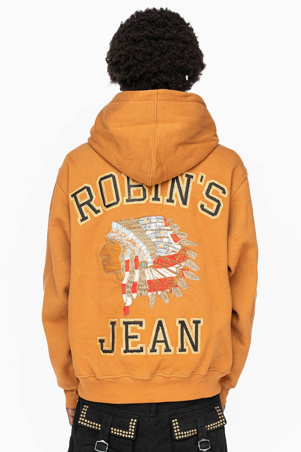 ROBIN??S HEAVY WEIGHT NATIVE AMERICAN CHIEF PULLOVER HOODIE IN CARAMEL Designer Casual tops