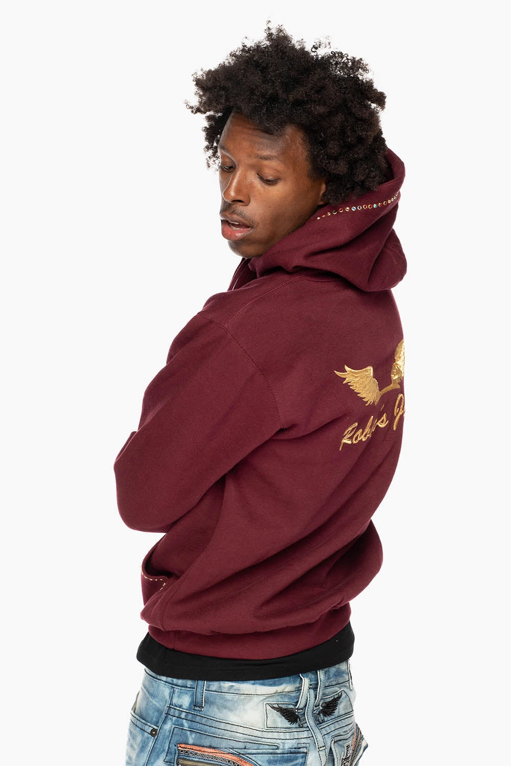 Casual Vibe ROBIN??S JEAN PULLOVER HOODIE IN BURGUNDY EMBELLISHED WITH MULTI-COLOR CRYSTALS