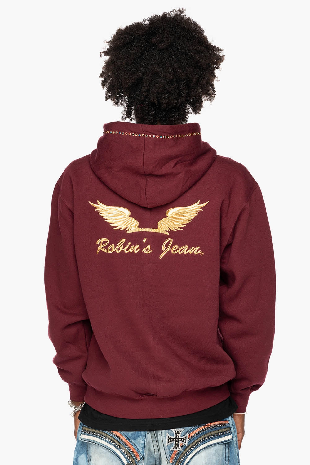 Smart Casual ROBIN??S JEAN PULLOVER HOODIE IN BURGUNDY EMBELLISHED WITH MULTI-COLOR CRYSTALS