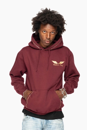 ROBIN??S JEAN PULLOVER HOODIE IN BURGUNDY EMBELLISHED WITH MULTI-COLOR CRYSTALS Travel Bold product glove protection