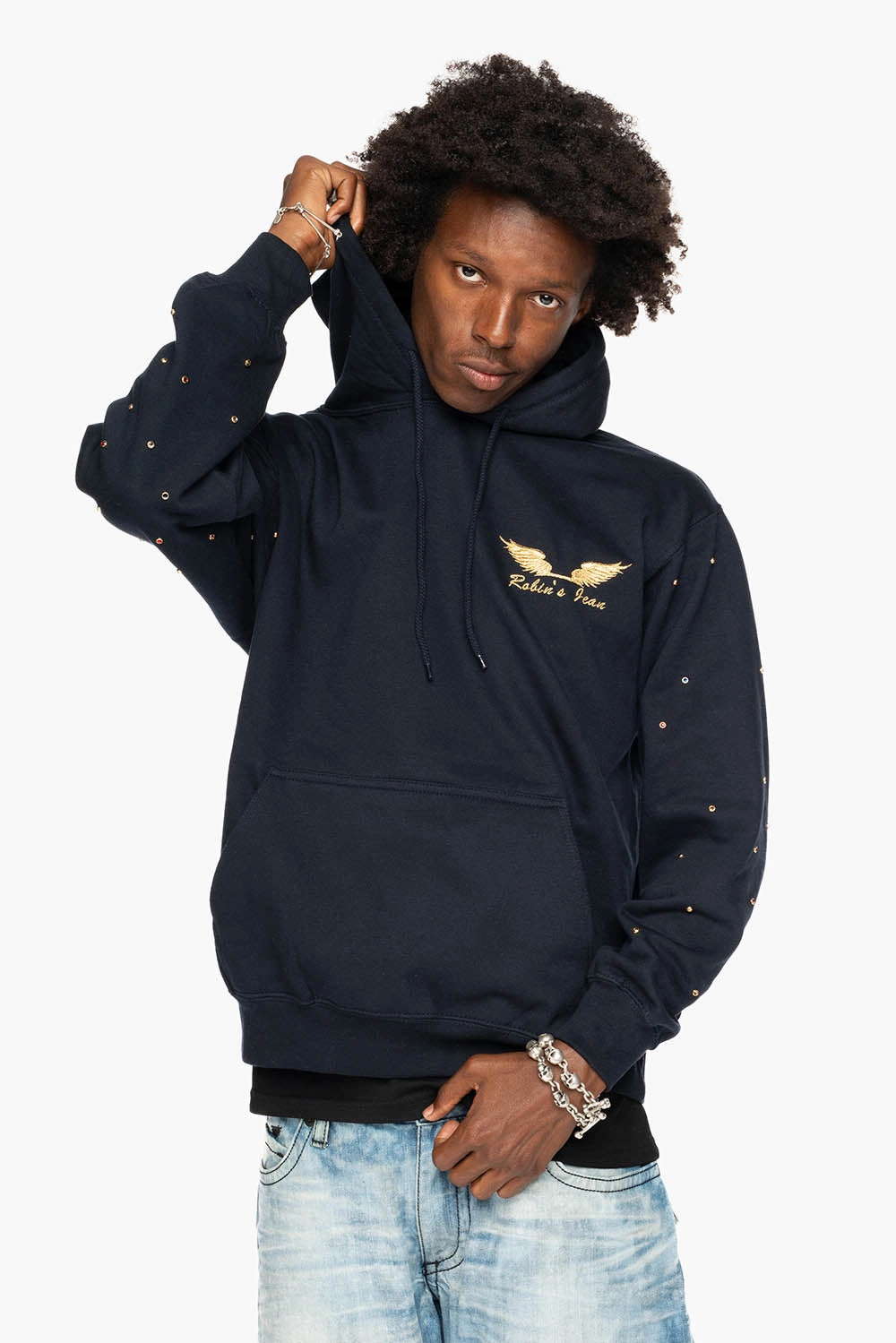 ROBIN??S JEAN PULLOVER HOODIE IN NAVY EMBELLISHED SLEEVES WITH CRYSTALS AND GOLD WINGS EMBROIDERY product premium quality