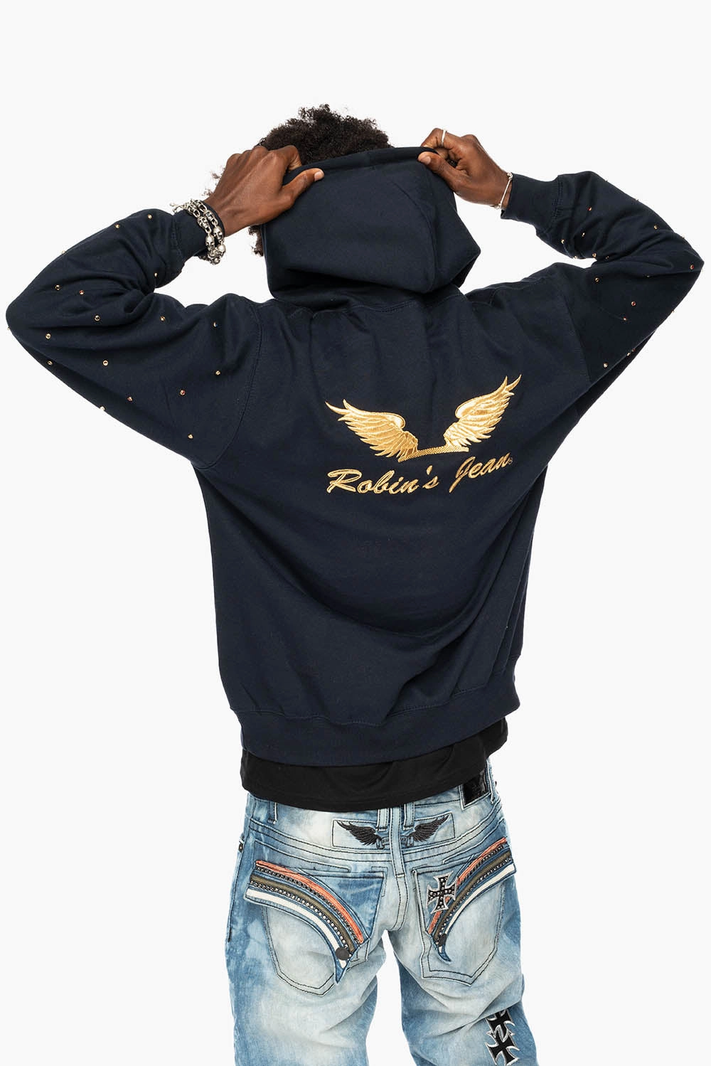 ROBIN??S JEAN PULLOVER HOODIE IN NAVY EMBELLISHED SLEEVES WITH CRYSTALS AND GOLD WINGS EMBROIDERY Sporty Design