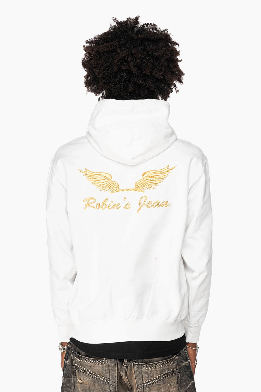 ROBIN??S JEAN PULLOVER HOODIE IN WHITE WITH GOLD WINGS EMBROIDERY Urban Fashion Chill Comfort
