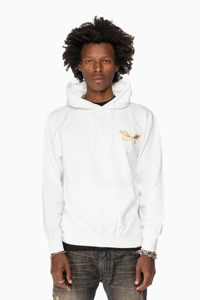 ROBIN??S JEAN PULLOVER HOODIE IN WHITE WITH GOLD WINGS EMBROIDERY Active Wear Look Layered Fit