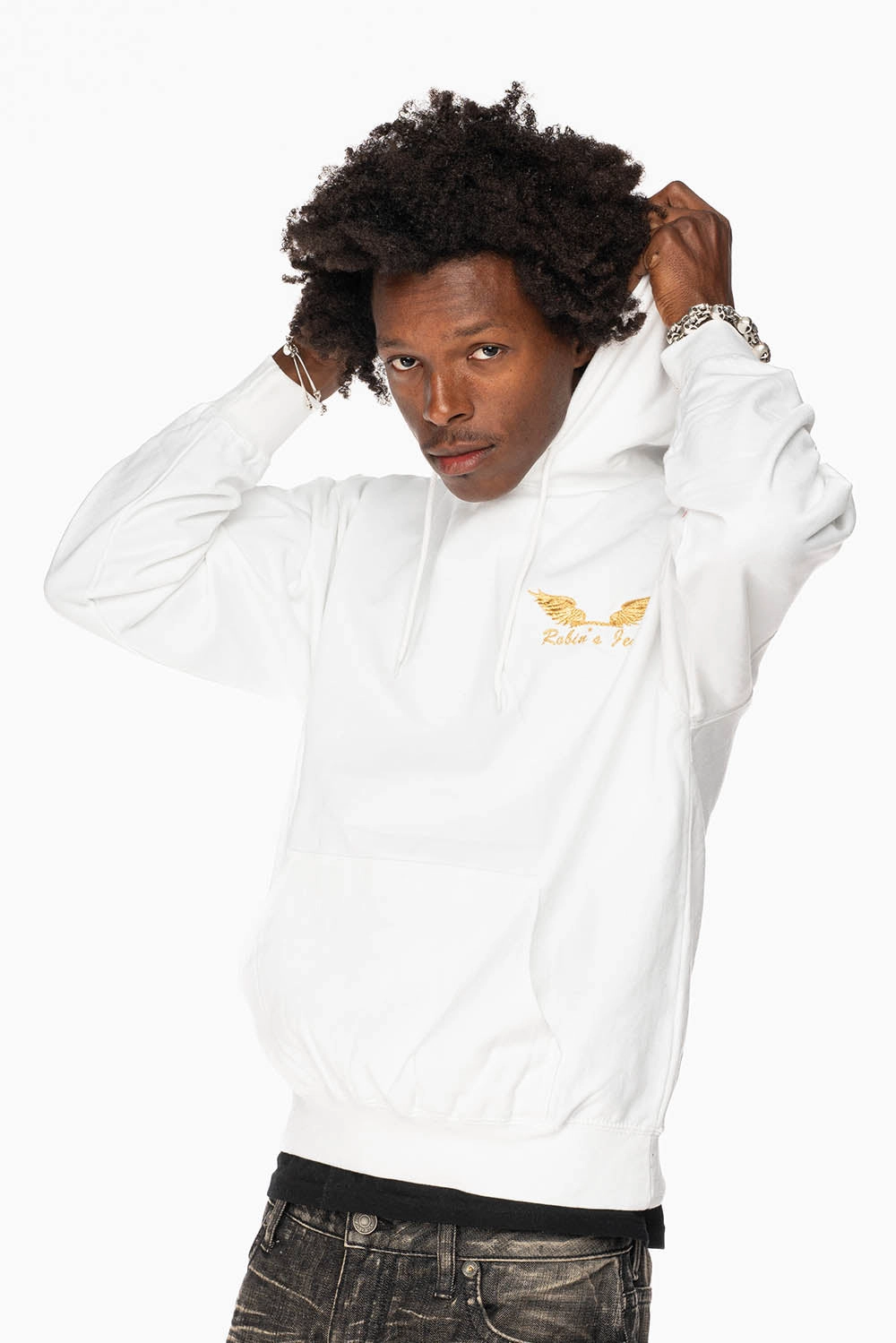 ROBIN??S JEAN PULLOVER HOODIE IN WHITE WITH GOLD WINGS EMBROIDERY anti static coating