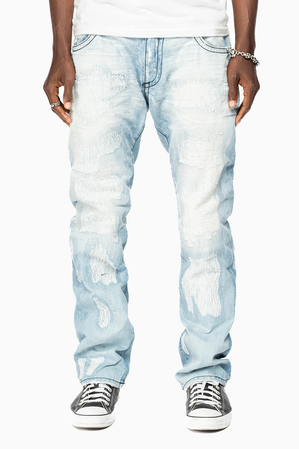 Winter Warmth Minimalist ROBIN'S LIMITED EDITION REPAIRED JEANS IN 5D LIGHT BLUE WASH WITH CLEAR DIAMOND CRYSTALS