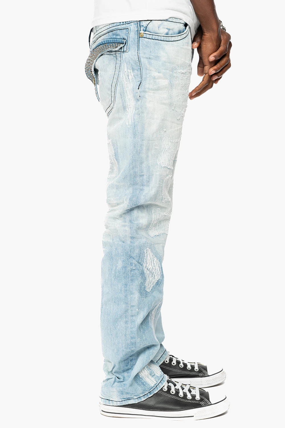 ROBIN'S LIMITED EDITION REPAIRED JEANS IN 5D LIGHT BLUE WASH WITH CLEAR DIAMOND CRYSTALS Layered Basics