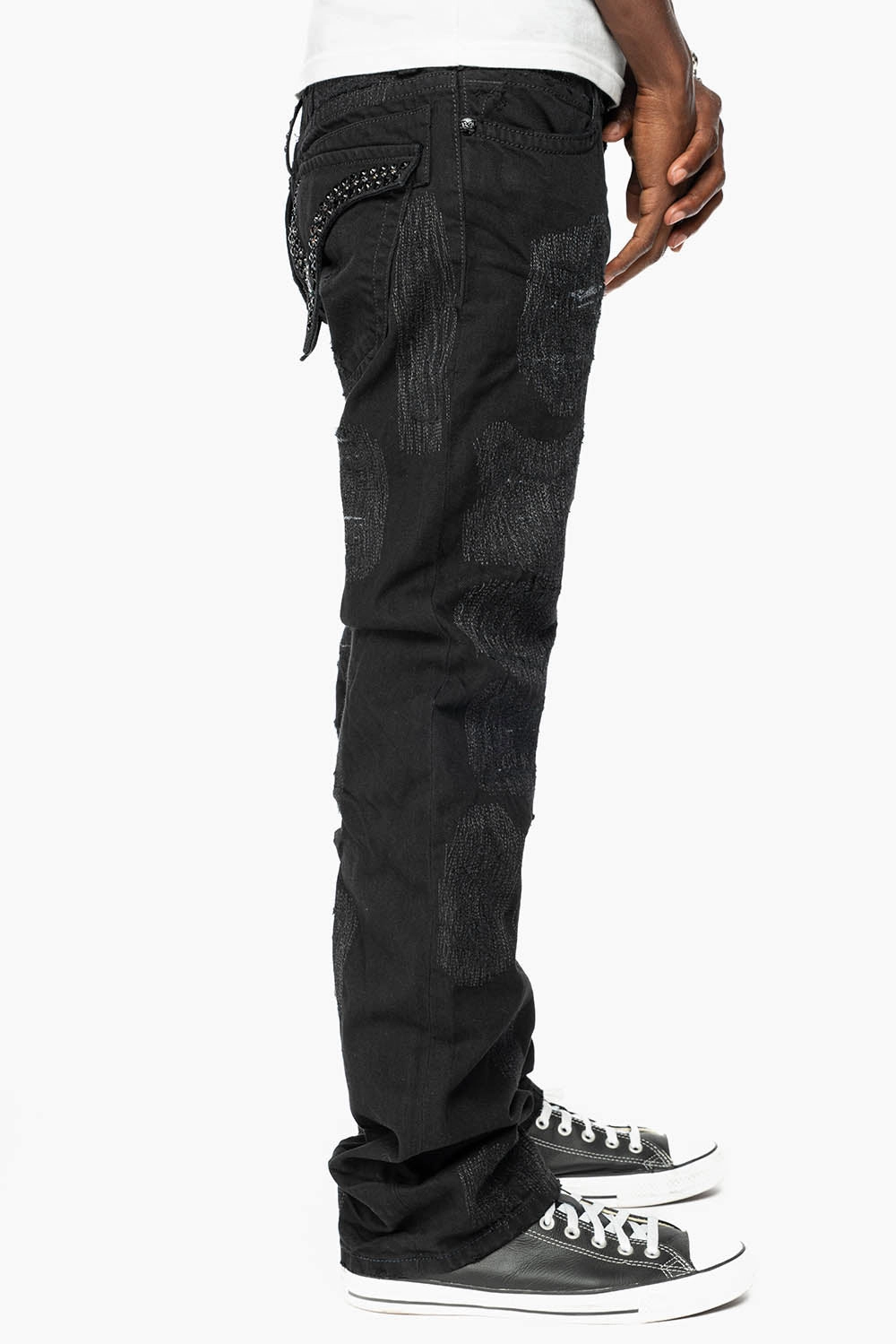 ROBIN'S LIMITED EDITION REPAIRED JEANS IN BLACK WASH WITH BLACK DIAMOND AND JET BLACK CRYSTALS Evening Stroll Stretch Breathable Brunch Outfit Night Out