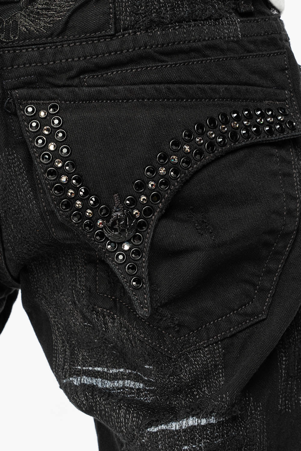Non Fading Technology ROBIN'S LIMITED EDITION REPAIRED JEANS IN BLACK WASH WITH BLACK DIAMOND AND JET BLACK CRYSTALS