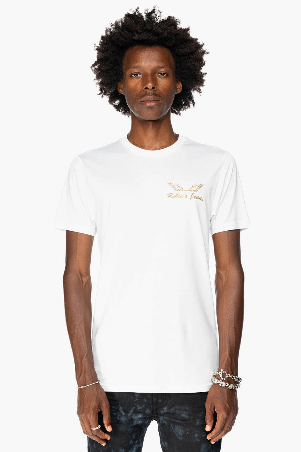 ROBIN??S LOGO WINGS TEE IN WHITE GOLD GLITTER Sleek Fit Chic Design