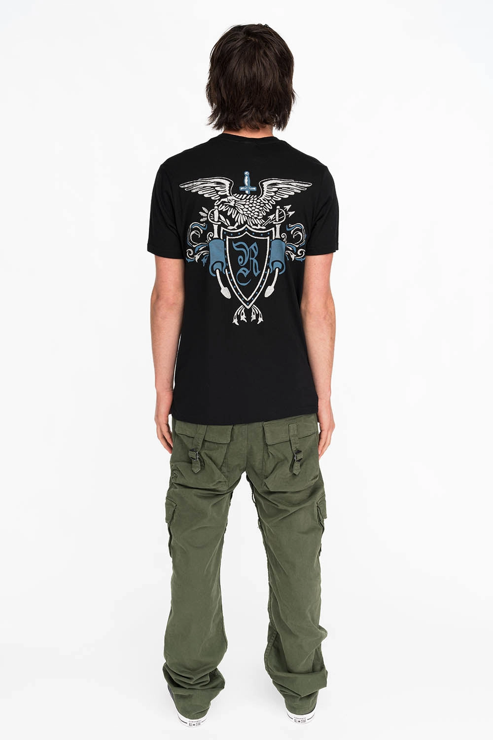 Soft Fabric ROBINS HERALDY CREST SILVER GLITTER TEE IN BLACK